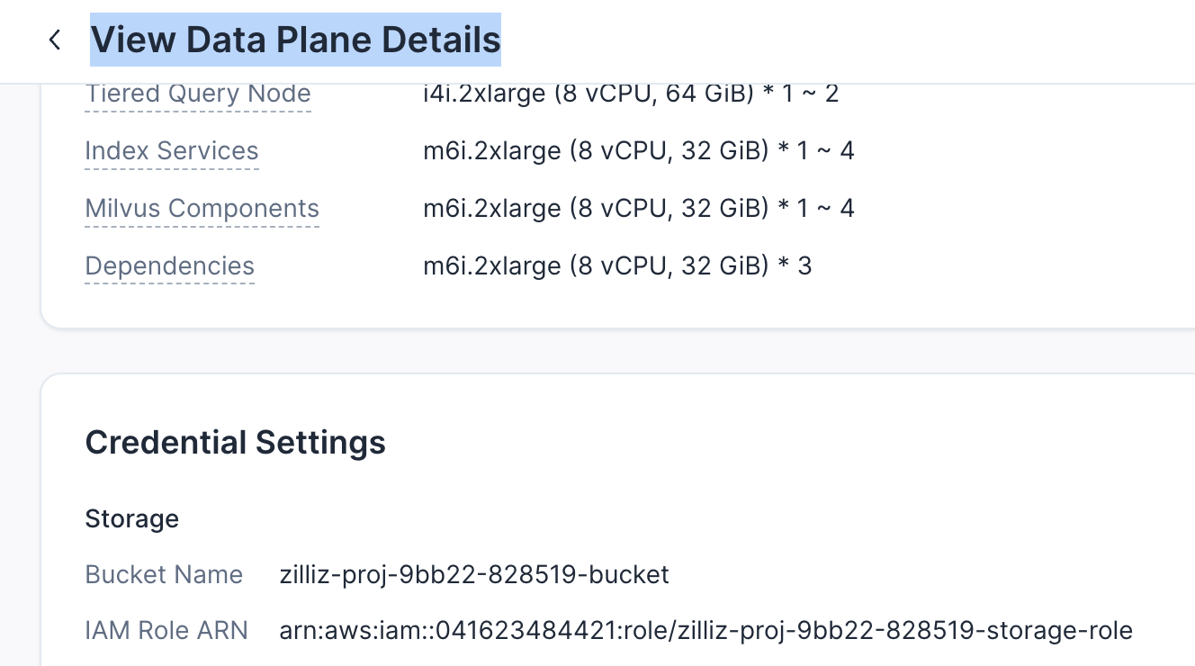 The IAM Role ARN under Credential Settings > Storage is the data plane storage role.